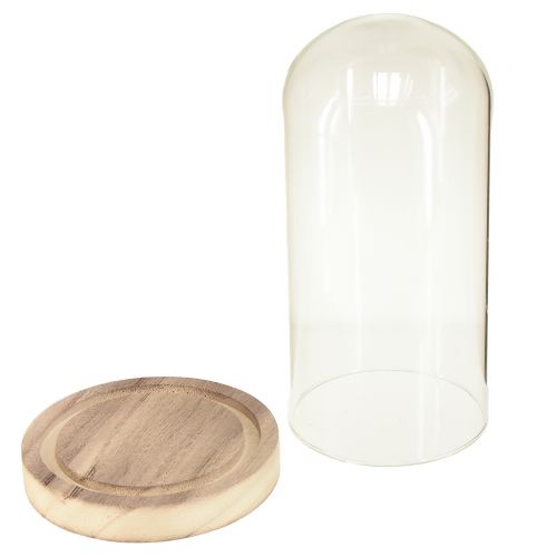 Artikel Glasklokke med fod af klart naturtræ Ø12cm H21cm