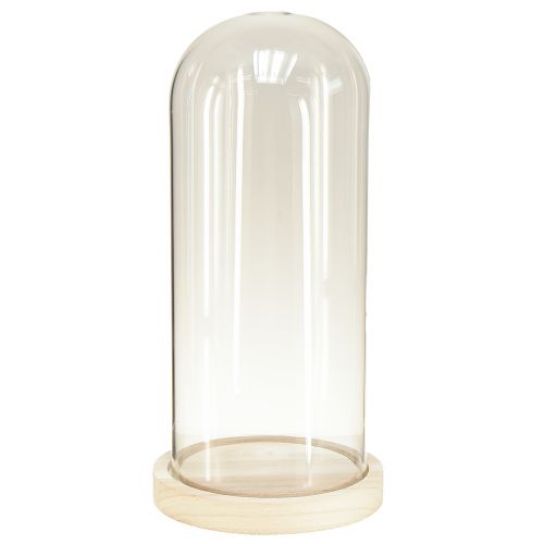 Glasoverligger glasklokke med bund klart træ Ø14cm H28,5cm