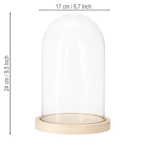 Artikel Glasklokke på træbakke, glaskrukke, klar, natur, Ø17cm, H24cm