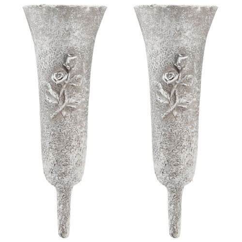 Artikel Gravvase grå vase til opklæbning med rosenmotiv H26cm 2stk