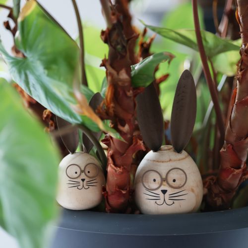 Artikel Æggeformet kanindekorationsfigur med karakter til forårs- og sæsondekoration, 14 cm, 3 stk.