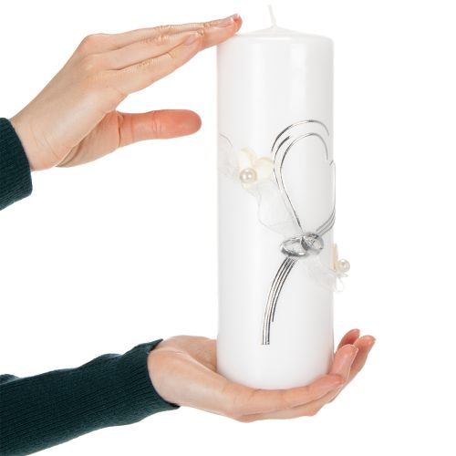 Artikel Festligt bryllupslys med et stilfuldt hjertedesign, sølvudsmykninger og organzabånd – ideelt til bryllupper og sølvbryllupsdage, 230/80 mm