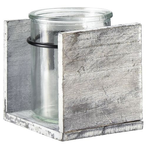 Artikel Fyrfadsstage af glas i rustik træramme - grå-hvid, 10x9x10cm - charmerende borddekoration 3 stk.