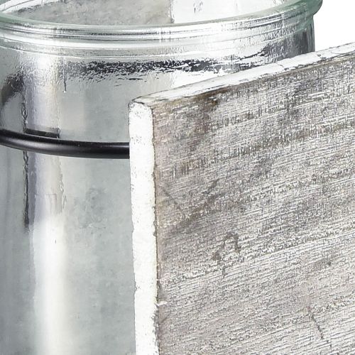 Artikel Fyrfadsstage af glas i rustik træramme - grå-hvid, 10x9x10cm - charmerende borddekoration 3 stk.