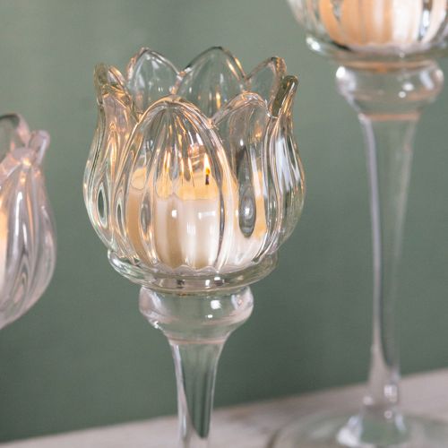 Artikel Glasblomstlysholder til elegant borddekoration, begivenheder og bryllupper, 22 cm
