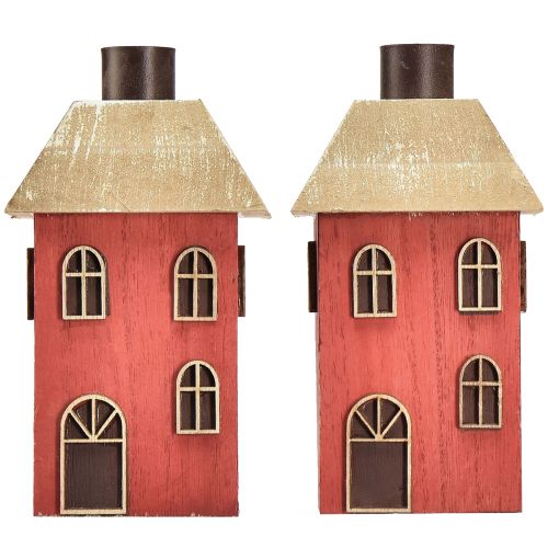 Artikel Lysestage hus træ rød pind lysestage H14,5cm 2stk