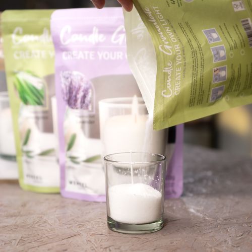 Artikel Stearinlys sand voks granulat med væge duftende lavendel 400g