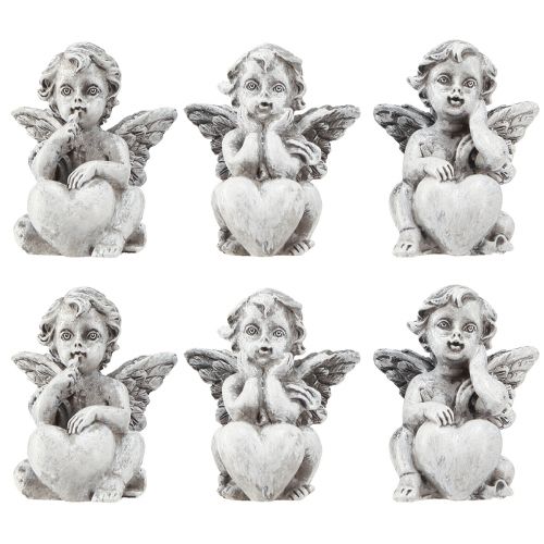 Artikel Lille engel med hjerte gravdekoration figur grå H5,5cm 6 stk