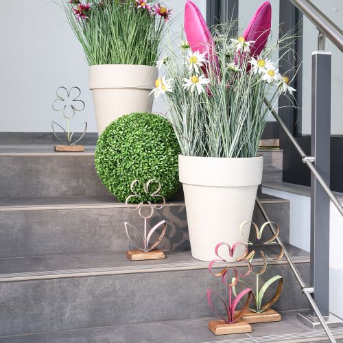 Artikel Metal dekoration Blomst på træbase Gammel Pink Sølv H29cm