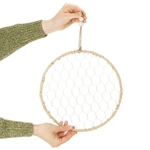 Artikel Boho metal dekorativ ring, sølv, Ø28 cm med naturlig raffia, sæt med 4 - hængende dekoration, vægdekoration