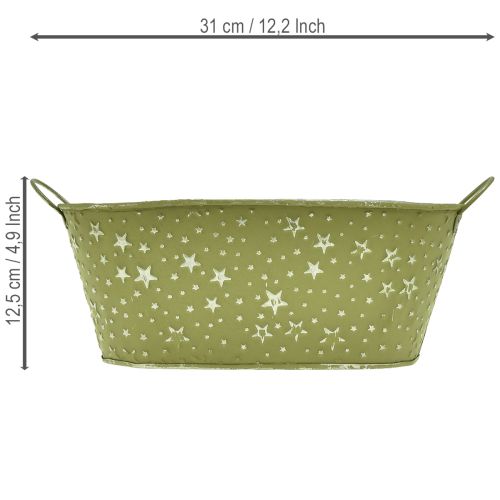 Artikel Oval metalskål med stjerner og hanke, grøn, 31×16 cm, H12,5 cm