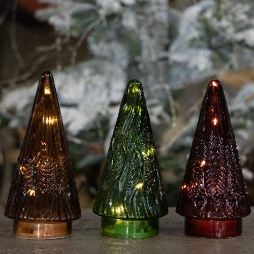 Artikel Mini juletræ i glas LED rød grøn brun 18 cm 3 stk.