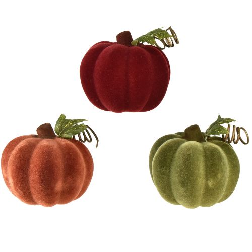 Artikel Mini græskar dekoration flokkedes – assorteret i efterårsfarver 9,5cm 3 stk