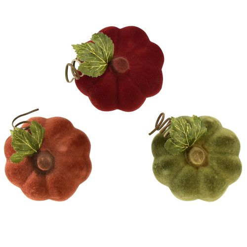 Artikel Mini græskar dekoration flokkedes – assorteret i efterårsfarver 9,5cm 3 stk