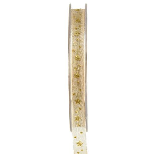 Floristik24 Organza bånd Julebånd stjerner beige guld B10mm L20m