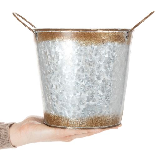 Artikel Metalplantekasse, blomsterskål, urtepotte med håndtag, sølv, rustfinish, Ø18 cm H20 cm