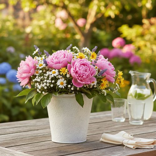 Artikel Urtepotte med ornamenter, cachepot, metalbeholder, hvid, Ø15,5 cm, H14,5 cm