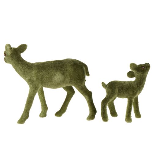 Artikel Hjorte dekorative figurer Julegrønt flokket hjorte med fawn i sæt H9/5,5cm 4 stk.