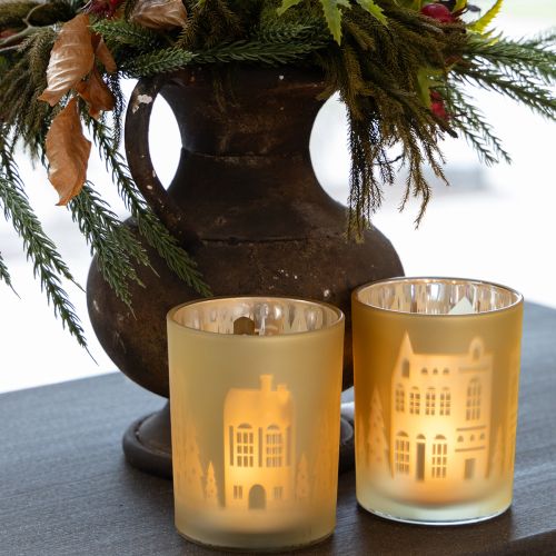 Artikel Lanterne glas sølv guld by silhuet H12,5 cm 4 stk