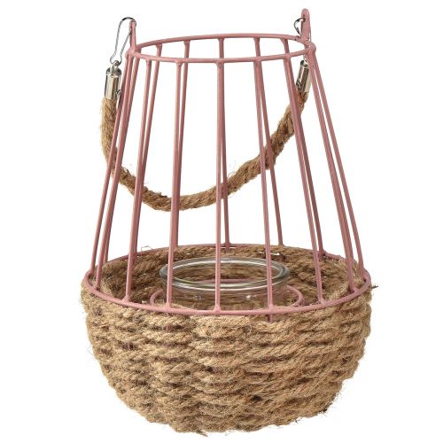Lanterne med hank og lysglas pink natur Ø18cm H22cm