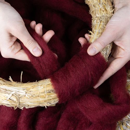 Artikel Uldsnor, dekorativ uld, mørkerød, 10m uldbånd til blomster og hobbyartikler