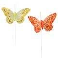 Floristik24 Dekorative sommerfugle på trådfjer orange gul 7×11cm 12stk