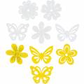 Floristik24 Blomster og sommerfugle til at drysse gul, hvidt træ drys dekoration forår dekoration 72stk