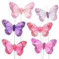 Floristik24 Fjer sommerfugl på tråd pink, lilla 7cm 24stk