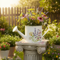 Hvid metalvandkande med blomstermotiv, 13,5 cm, dekorativ plantekasse | Floristik24.dk