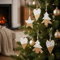 Julepynt, træstjerne, træ, hjerte, 6 stk., hvide og guld dekorative vedhæng | Floristik24.dk