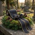 Elegant moiré kransbånd, 175 mm sort med perlekant og taftvævning, dekorativt bånd til begravelsesblomster, sløjfebånd, 25 m | Floristik24.dk