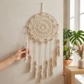 Makramé Drømmefanger Vægophæng Boho Chic Vægdekoration Håndlavet Creme Ø22cm H54cm | Floristik24.dk