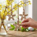 Træblomst med mønster, fjeder, trævedhæng natur, hvid H10cm 6stk | Floristik24.dk