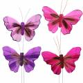 Floristik24 Fjer sommerfugl med tråd 7cm pink lilla 24stk