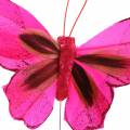 Floristik24 Fjer sommerfugl med tråd 7cm pink lilla 24stk